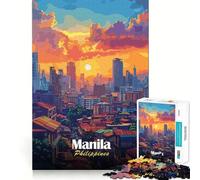 Rompecabezas para Adultos de 1000 Piezas Paisaje Urbano de Manila,Filipinas,al Atardecer Arte de Bordes precisos Ejercicio Mental Juego Divertido y Tranquilo Actividad de cumpleaños (38x26cm)