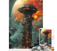 Rompecabezas para Adultos de 1000 Piezas: Paisaje Urbano futurista con Torre y Planeta Juguetes antiestrés Regalos de cumpleaños Juegos educativos Descompresión Intelectual Tamaño: 50x75cm