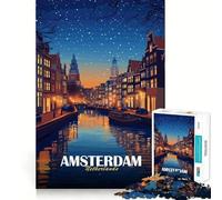 Rompecabezas para Adultos de 1000 Piezas Paisaje Urbano Nocturno de Ámsterdam,Países Bajos Arte de Corte preciso Actividad Mental Divertido Juego para Relajarse Arte navideño para el hogar (38x26cm)