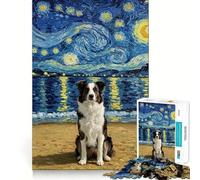 Rompecabezas para Adultos de 1000 Piezas Perro Border Collie en la Playa con Noche Estrellada Corte Impecable Diversión,ejercitador Mental,Juego para el Tiempo Libre,decoración navideña 38x26cm