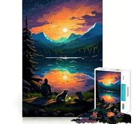 Rompecabezas para Adultos de 1000 Piezas Perro de Campamento al Atardecer,Arte pixelado,Bordes impecables,Divertido Juego de concentración Mental,Juego Tranquilo,decoración navideña,Regalo (38x26cm)