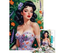 Rompecabezas para Adultos de 1000 Piezas Pin-up Morena con Vestido Floral Ayuda a ejercitar el Cerebro Decoración de Pared Juguetes antiestrés para Mayores de 14 años Juego de Rompecabezas 38x52cm