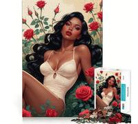 Rompecabezas para Adultos de 1000 Piezas Pin-up Negra con Body Beige Sexy Entre Rosas Rojas Diseño de Corte nítido Juego Divertido para concentrarse Momento de Juego Tranquilo Regalo Divertido