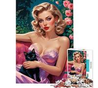 Rompecabezas para Adultos de 1000 Piezas Pin-up Rubia con Gato Negro en el jardín Un desafío para la Inteligencia Juguetes adictivos Juego práctico Difícil Regalo de cumpleaños (tamaño 50x75cm)