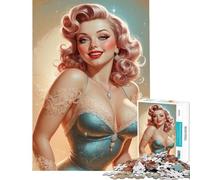 Rompecabezas para Adultos de 1000 Piezas Pin-up Rubia con Vestido Azul Juguete antiestrés de 1000 Piezas Decoración artística para el hogar Juego Educativo Familiar (38x26cm)