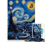 Rompecabezas para Adultos de 1000 Piezas,Pintura de Bitcoin Noche Estrellada,Juego de lógica de Ajuste preciso,Juego fácil,Arte de Pared navideño (38x26cm)