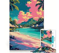 Rompecabezas para Adultos de 1000 Piezas Playa Tropical con bungalows y Palmeras Acabado Fino Juego cognitivo Juguete Relajante Decoración navideña para la Pared (38x26cm)