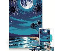Rompecabezas para Adultos de 1000 Piezas Playa Tropical Nocturna con Luna Bordes impecables Divertido Juego de concentración Mental Entretenimiento Tranquilo Regalo de decoración navideña (38x26cm)