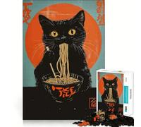 Rompecabezas para Adultos de 1000 Piezas Póster de Gato Negro Comiendo Ramen,Piezas de Corte Limpio,Juego de lógica,Divertido,para Pasar el Tiempo Libre,decoración navideña,Regalo (38x26cm)