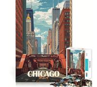 Rompecabezas para Adultos de 1000 Piezas,póster de Paisaje Urbano de Chicago,Pieza de Corte Limpio,Juego para ejercitar la Mente,Juego de Ocio,Pieza de Arte navideña (38x52cm)