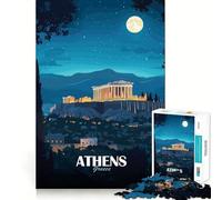 Rompecabezas para Adultos de 1000 Piezas Póster de Viaje Nocturno de Atenas,Grecia Juego de Ajuste desarrollar la Mente Juego Gratuito Escena navideña Arte (38x52cm)