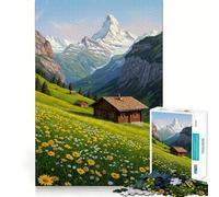 Rompecabezas para Adultos de 1000 Piezas Pradera Alpina con Chalet y montañas Juego para estimular la Mente, Corte láser Actividad Relajante para Grupos en Interiores (38x52cm)