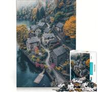 Rompecabezas para Adultos de 1000 Piezas Pueblo de Piedra Junto al Lago Juego Familiar difícil y desafiante cumpleaños y Navidad 38x52cm