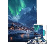 Rompecabezas para Adultos de 1000 Piezas Pueblo nevado bajo la Aurora Boreal Rompecabezas de 1000 Piezas para decoración del hogar Juguete desafiante Regalos para Amigos y Familiares (50x75cm)