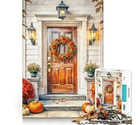 Rompecabezas para Adultos de 1000 Piezas Puerta de otoño con Calabazas y Corona Arte de Bordes precisos Juego de Habilidad Mental Juego Tranquilo Regalo de cumpleaños para la Mente (38x52cm)