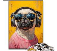 Rompecabezas para Adultos de 1000 Piezas, Pug Escuchando música, Rompecabezas de Madera para Adultos, 50x75cm, reuniones Familiares, cumpleaños y Vacaciones