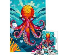 Rompecabezas para Adultos de 1000 Piezas Pulpo Radiante de vidriera en el Profundo mar Azul Rompecabezas para Adultos Juegos relajantes Regalo de cumpleaños cumpleaños y Navidad
