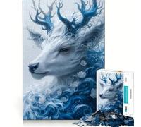Rompecabezas para Adultos de 1000 Piezas,Retrato de Ciervo Floral Azul y Blanco,Arte de Corte nítido,Juego Divertido para concentrarse,Tiempo de Juego Tranquilo,Regalo Divertido de Navidad 38x26cm