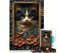 Rompecabezas para Adultos de 1000 Piezas Retrato de Gato en Marco Floral Arte de Bordes precisos Ejercicio Mental Juego Divertido y Tranquilo Actividad de cumpleaños (50x75cm)