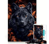 Rompecabezas para Adultos de 1000 Piezas Retrato de Lobo Negro con Hojas de otoño,Bordes Bien definidos,Juguete para ejercitar la Mente,diversión sin complicaciones,decoración navideña 38x52cm
