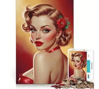 Rompecabezas para Adultos de 1000 Piezas Retrato de una Rubia Pin-up con Vestido Rojo,Juego de Bordes limpios,Juguete de construcción Que fomenta la concentración,diversión pausada,Regalo de Ocio