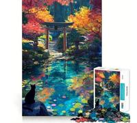 Rompecabezas para Adultos de 1000 Piezas,Santuario de otoño,Gato Negro japonés,Juego de lógica de Ajuste preciso,Juguete Divertido,Juego fácil, (38x26cm)