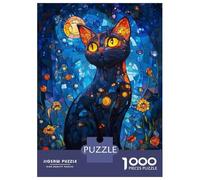 Rompecabezas para Adultos De 1000 Piezas Stained Glass Black Cat with Flowers Rompecabezas para Adultos Juegos Relajantes Decoración Perfecta Regalos para Reducir El Estrés 70x50cm/1000pcs