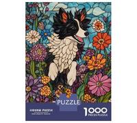 Rompecabezas para Adultos De 1000 Piezas Stained Glass Dog in Flowers Rompecabezas para Adultos Juego De Ingenio Patrón De Ensamblaje Regalos para Amigos Y Familiares 38x26cm/1000pcs