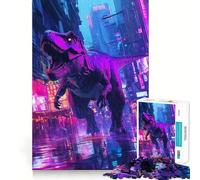 Rompecabezas para Adultos de 1000 Piezas T-Rex en Ciudad neón, Dinosaurio, Bordes Finos, artesanía, Juego cognitivo, Juguete, Juego Relajante, decoración navideña para Pared (38x26cm)
