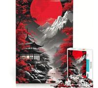 Rompecabezas para Adultos de 1000 Piezas: Templo japonés con Luna roja, decoración de Pared, decoración, póster y Hoja de curiosidades a Juego 38x26cm