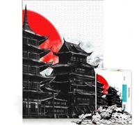 Rompecabezas para Adultos de 1000 Piezas: Templo japonés y Sol Rojo, decoración de Pared, decoración, póster y Hoja de curiosidades a Juego 50x75cm