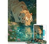 Rompecabezas para Adultos de 1000 Piezas Tigre Bebiendo Agua en un Entorno Floral Juguete de Habilidad para desarrollar la Capacidad de Aprendizaje Lento Colección de Piezas de Arte con Corte preciso