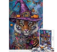 Rompecabezas para Adultos de 1000 Piezas Tigre Bruja Halloween Arte Rompecabezas para Adultos Juguetes DIY Carrera de Velocidad Manual Interacción Entre Padres e Hijos (Tamaño 38x26cm)
