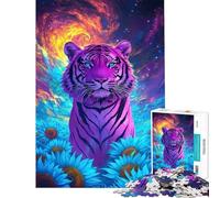 Rompecabezas para Adultos de 1000 Piezas Tigre psicodélico Campo de Girasoles Juguete para Adultos decoración de Pared desafío difícil cumpleaños (tamaño 38x26cm)