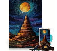 Rompecabezas para Adultos de 1000 Piezas Torre de Babel bajo la Luna Llena, Bordes impecables, Divertido Juego de concentración Mental, Juego Tranquilo, decoración navideña, Regalo (38x26cm)