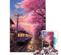 Rompecabezas para adultos de 1000 piezas Tren de Japón atardecer de cerezos en flor actividades divertidas para hacer en casa decoración de pared juegos educativos apto para mayores de 14 años 38x52cm