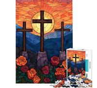 Rompecabezas para Adultos de 1000 Piezas Tres Cruces con Rosas diseño de vidrieras Rompecabezas para Adultos Juego Familiar Una Obra de Arte Un Gran Regalo para los Amantes de los Juegos (50x75cm)