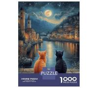 Rompecabezas para Adultos De 1000 Piezas Two Cats Under The Moon Rompecabezas para Adultos Juguetes Antiestrés Decoración Actividades Divertidas En Casa 38x26cm/1000pcs