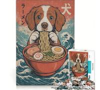 Rompecabezas para Adultos de 1000 Piezas: Un Spaniel Brittany Comiendo Ramen Juegos relajantes, dificultad: Difícil Incluye póster y Hoja de Preguntas a Juego 38x52cm