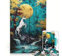 Rompecabezas para Adultos de 1000 Piezas Unicornio y Cascada a la luz de la Luna Juego de ingenio para divertirse en Familia para Fortalecer el Amor Entre Parejas 50x75cm
