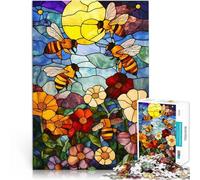 Rompecabezas para Adultos de 1000 Piezas Vidrieras de Abejas y Flores Juegos Divertidos con Piezas de Formas aleatorias Que se entrelazan Completamente 52x38cm