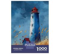 Rompecabezas para Adultos De 1000 Piezas Watercolor Lighthouse Art Blue Lighthouse with Grasses Calm Coastal Print Rompecabezas para Adultos Juegos Divertidos Difícil Difícil Regalos De Cumpleaños Y