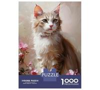 Rompecabezas para Adultos De 1000 Piezas White Cat with Pink Flowers Rompecabezas para Adolescentes Juguetes Antiestrés Desafío Difícil Cumpleaños 70x50cm/1000pcs