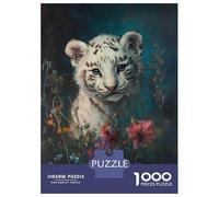 Rompecabezas para Adultos De 1000 Piezas White Tiger Cub in Flowers Rompecabezas para Adultos Juego De Ingenio Decoración Perfecta Cumpleaños Y Navidad 52x38cm/1000pcs