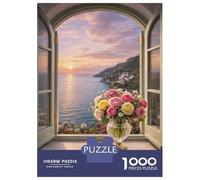 Rompecabezas para Adultos De 1000 Piezas Window View of Positano at Sunset with Roses Rompecabezas Antiestrés Juguetes Divertidos Y Humorísticos Actividades Divertidas En Casa, 70x50cm/1000pcs