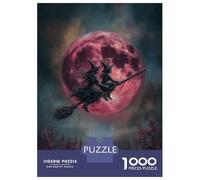 Rompecabezas para Adultos De 1000 Piezas Witches Flying on Broomstick with Red Moon Rompecabezas para Adultos Juego De Ingenio Regalo De Cumpleaños Desafío Educativo 52x38cm/1000pcs