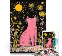 Rompecabezas para Adultos de 2000 Piezas Ilustración Minimalista de un Lindo Gato Rosa bajo Las Estrellas Juego de Preguntas Ideas de Regalos 70x100cm