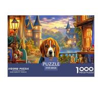 Rompecabezas para Adultos de Beagle de 1000 Piezas, Beagle Junto a un Castillo Iluminado, Fondo de Pueblo Vivo, Juego difícil, Divertido y desafiante, Juego Familiar, 38x26cm/1000 Piezas