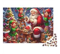 Rompecabezas para Adultos de Papá Noel 1000 Piezas Santa Sentado con Elfos Junto a Árbol de Navidad Rompecabezas Imposible Difícil | Juego Educativo de Descompresión 38x26cm/1000pcs