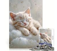 Rompecabezas para Adultos Gatito Blanco durmiendo sobre Las Nubes, 1000 Piezas Fortalece la Memoria, Alivia el estrés, Bordes Lisos Regalo conmovedor 38x52cm